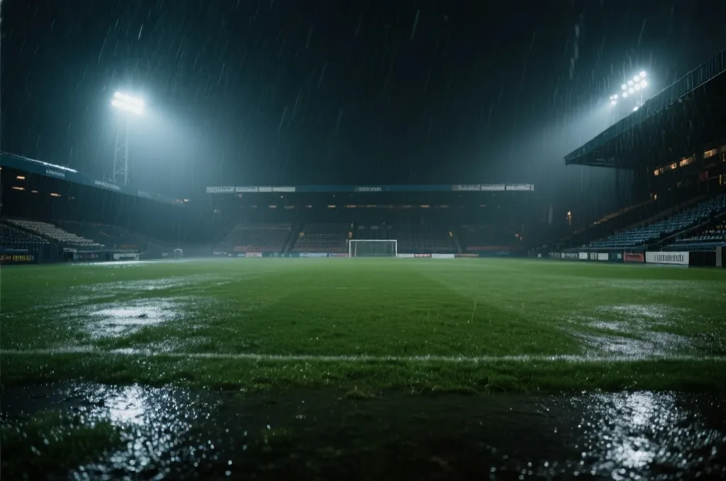 世界杯淘汰赛夜场球场，风雨与灯光交织，体现天气对比赛节奏的影响